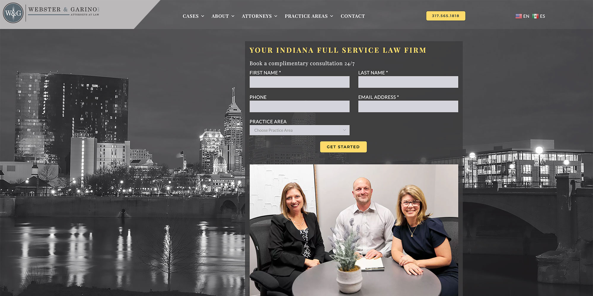 A nighttime cityscape with a black and white photo of a law firm team. This highlights Crown Marketing's expertise in digital marketing services for businesses.| Crown Marketing Digital Marketing Agency Las Vegas