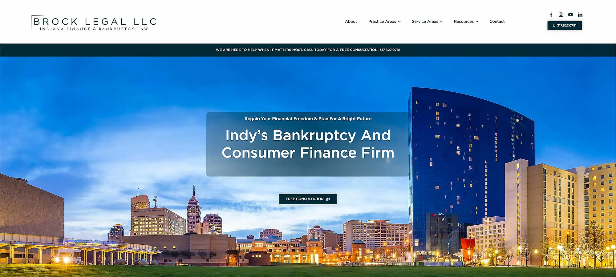 Skyline of a city at dusk with lit buildings; a banner reads "Indy's Bankruptcy and Consumer Finance Firm," showcasing website design services by Crown Marketing.| Crown Marketing Digital Marketing Agency Las Vegas
