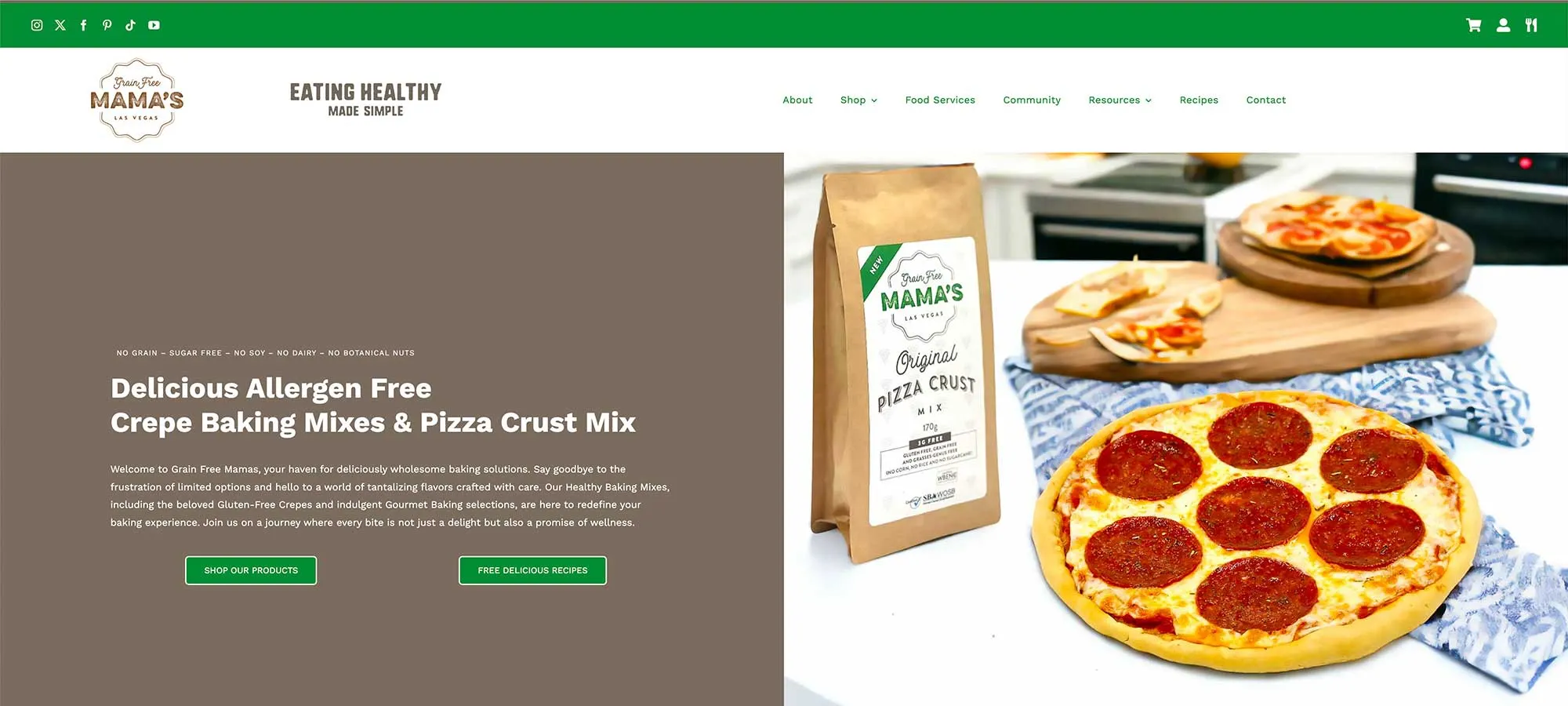 A website shows Grain Free Mama's pizza crust mix beside a baked pepperoni pizza. This image highlights local SEO services from Crown Marketing in Las Vegas, capturing delicious baking solutions.| Crown Marketing Digital Marketing Agency Las Vegas