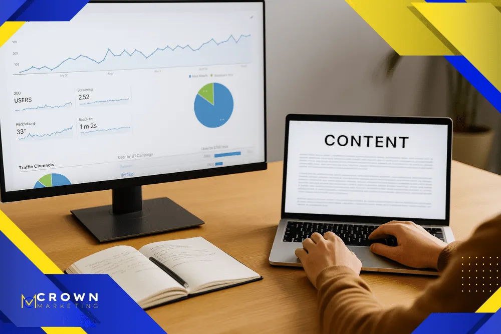 A person types on a laptop displaying "Content" next to a monitor with analytical graphs, representing Crown Marketing's digital marketing services.| Crown Marketing Digital Marketing Agency Las Vegas