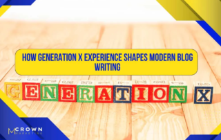 Colorful blocks spell "Generation X" on wood, beneath a bold yellow banner about blog writing, with Crown Marketing's logo, a Las Vegas digital marketing agency, displayed in the corner.| Crown Marketing Digital Marketing Agency Las Vegas
