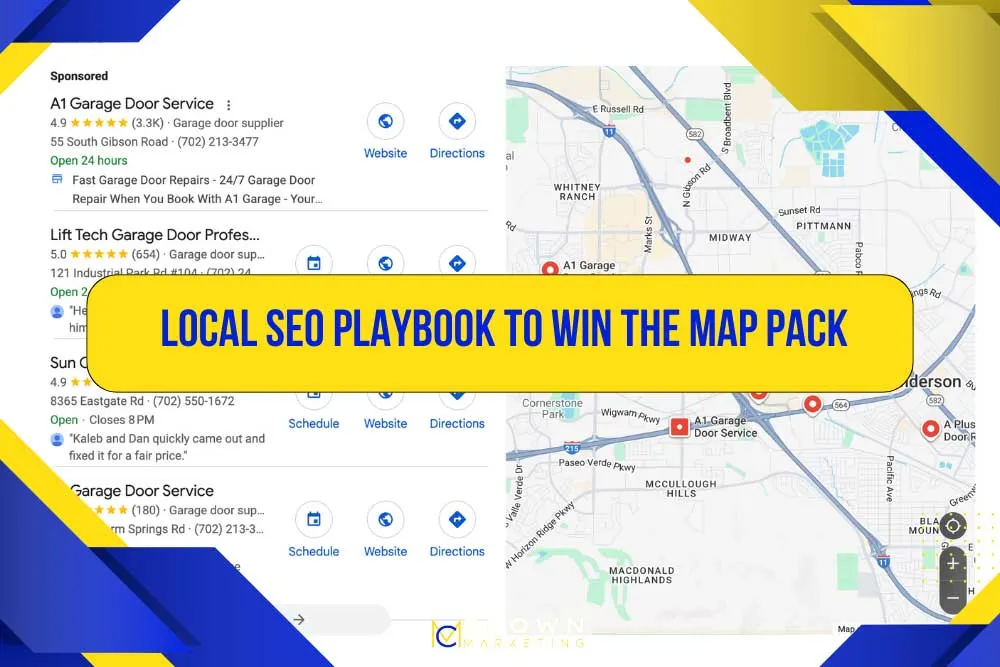 A screenshot of Google Maps shows a guide titled "Local SEO Playbook to Win the Map Pack," highlighting Crown Marketing's expertise in local SEO and digital marketing services.| Crown Marketing Digital Marketing Agency Las Vegas