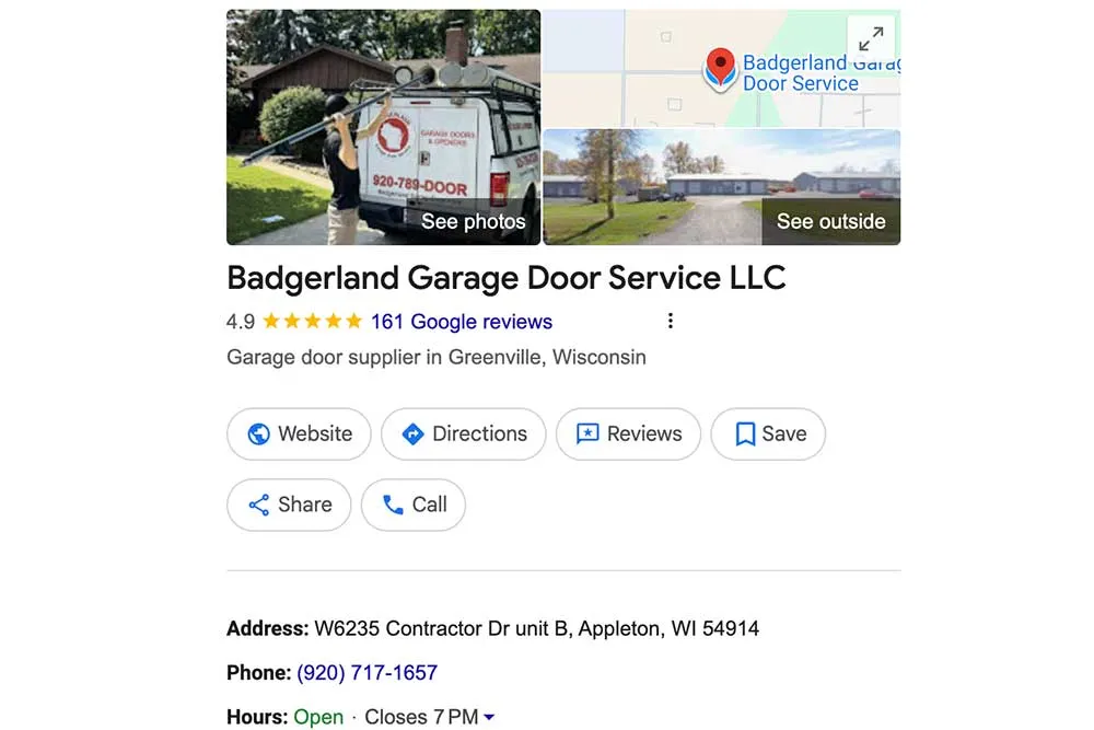 A Google business listing for Badgerland Garage Door Service is shown, highlighting website and reviews, relevant for local SEO.| Crown Marketing Digital Marketing Agency Las Vegas