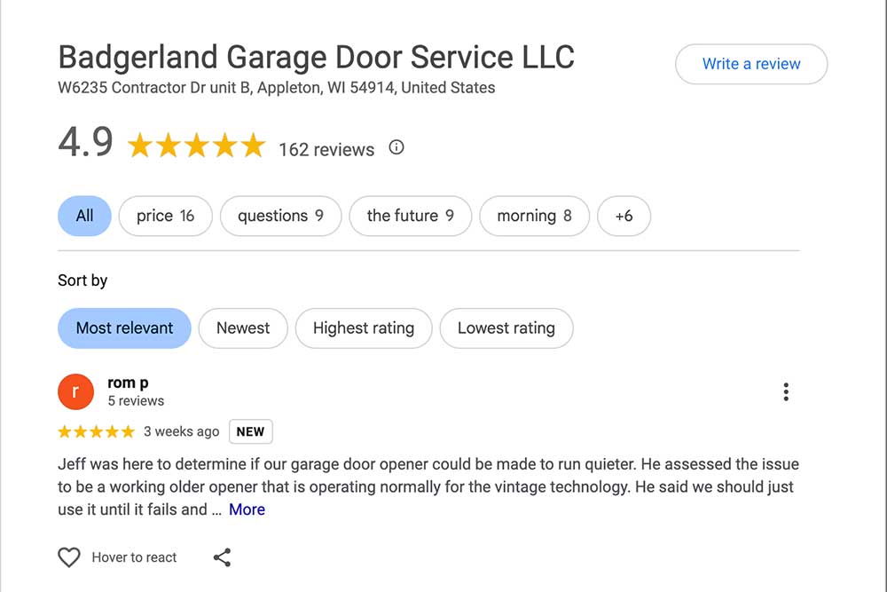 Google reviews page for Badgerland Garage Door Service LLC with a 4.9-star rating from 162 reviews. Features user review highlighting…| Crown Marketing Digital Marketing Agency Las Vegas