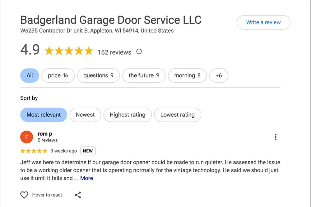 Google reviews page for Badgerland Garage Door Service LLC with a 4.9-star rating from 162 reviews. Features user review highlighting…| Crown Marketing Digital Marketing Agency Las Vegas