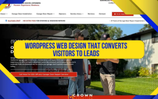 Two people stand outside discussing a project. A text overlay highlights Crown Marketing's WordPress web design services focused on converting visitors to leads.| Crown Marketing Digital Marketing Agency Las Vegas