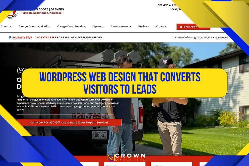 Two people stand outside discussing a project. A text overlay highlights Crown Marketing's WordPress web design services focused on converting visitors to leads.| Crown Marketing Digital Marketing Agency Las Vegas