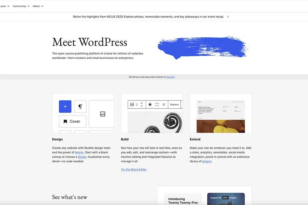 WordPress homepage screenshot showcasing design, build, and extend sections. Crown Marketing offers WordPress web design as part of its digital marketing services.| Crown Marketing Digital Marketing Agency Las Vegas