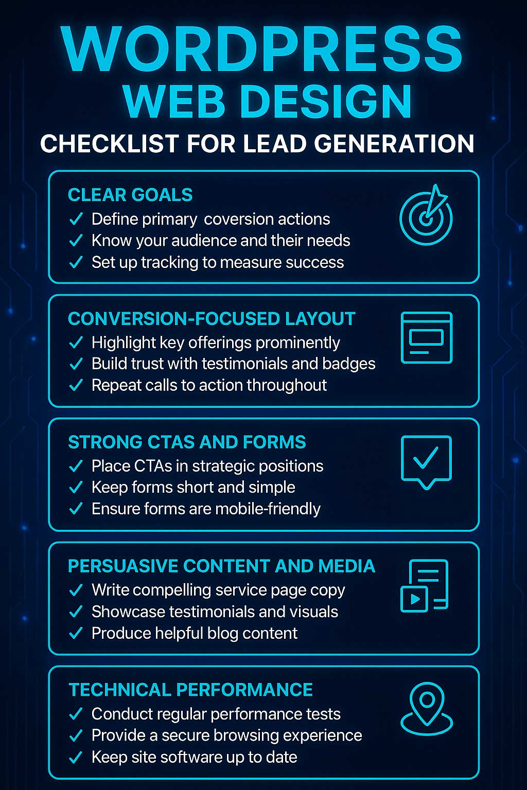 Infographic titled "WordPress Web Design Checklist for Lead Generation" with sections on goals, layout, CTAs, content, and performance, highlighting Crown Marketing's digital marketing services.| Crown Marketing Digital Marketing Agency Las Vegas