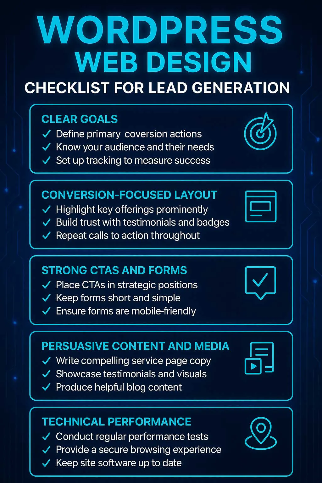 Infographic titled "WordPress Web Design Checklist for Lead Generation" with sections on goals, layout, CTAs, content, and performance, highlighting Crown Marketing's digital marketing services.| Crown Marketing Digital Marketing Agency Las Vegas
