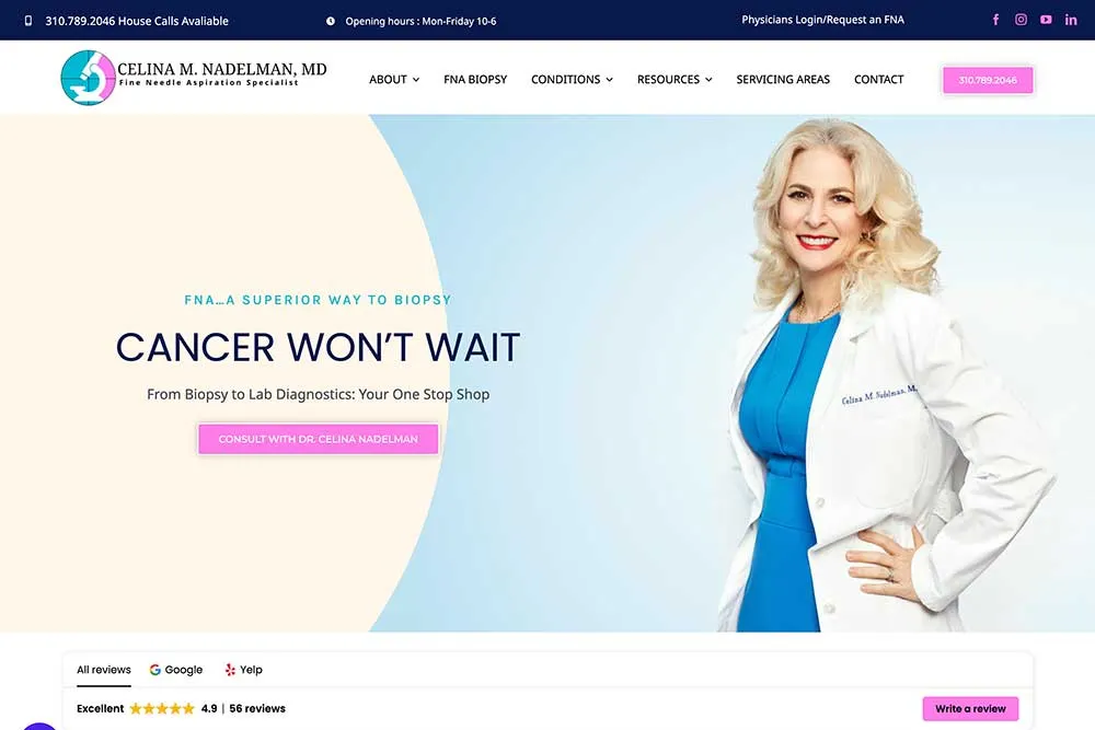 A woman in a white lab coat smiles on a website banner promoting biopsy services, highlighting "Cancer Won’t Wait." Crown…| Crown Marketing Digital Marketing Agency Las Vegas