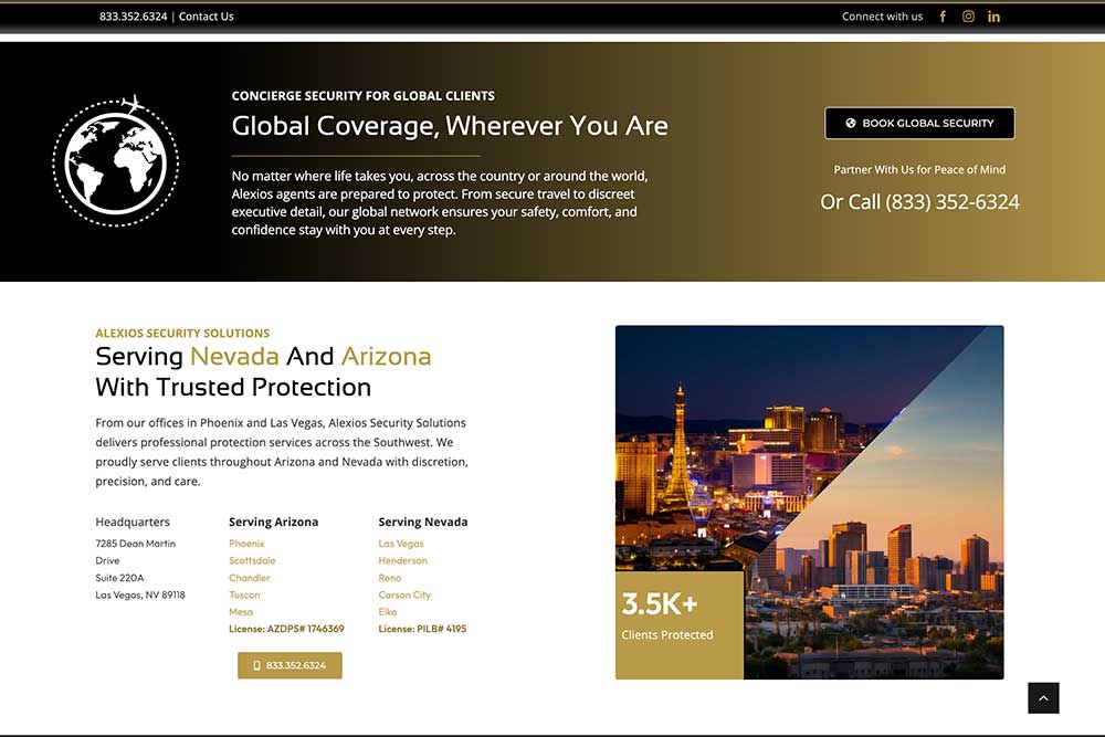 The image shows a Las Vegas skyline at night with glowing lights, alongside text about security services, illustrating the importance of SEO Las Vegas from Crown Marketing for local businesses.| Crown Marketing Digital Marketing Agency Las Vegas