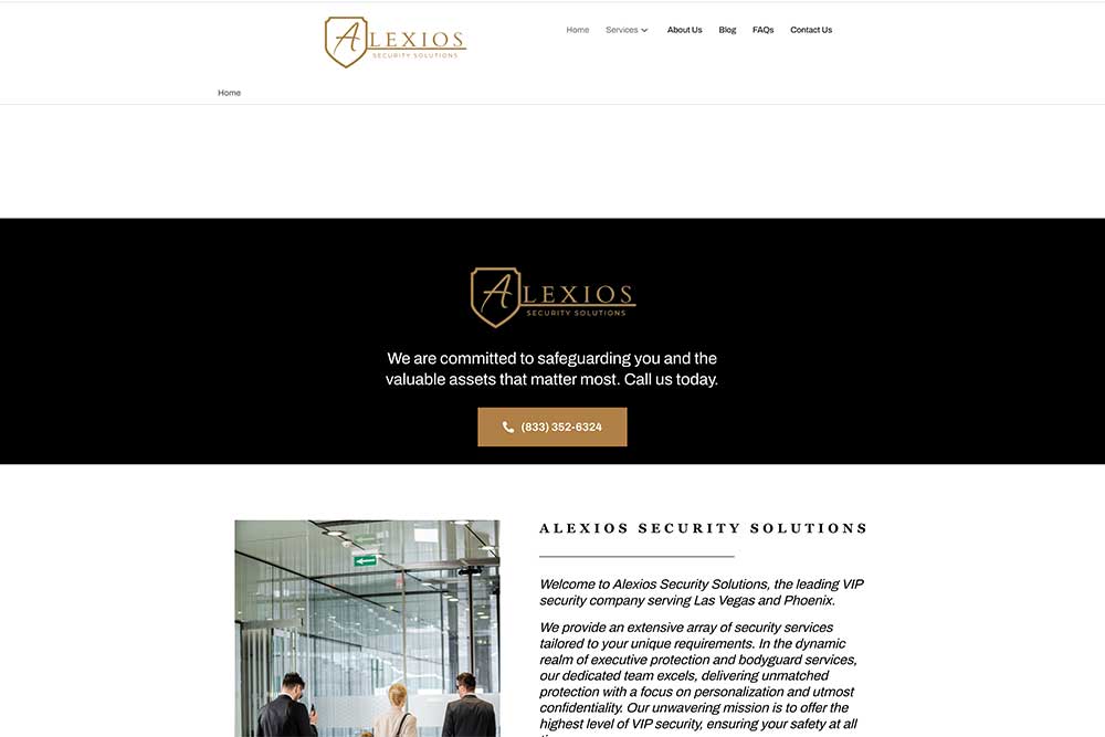 A website screenshot for Alexios Security Solutions, showing a modern office interior, emphasizing professional services. Perfect for Crown Marketing's website design services in Las Vegas marketing.| Crown Marketing Digital Marketing Agency Las Vegas