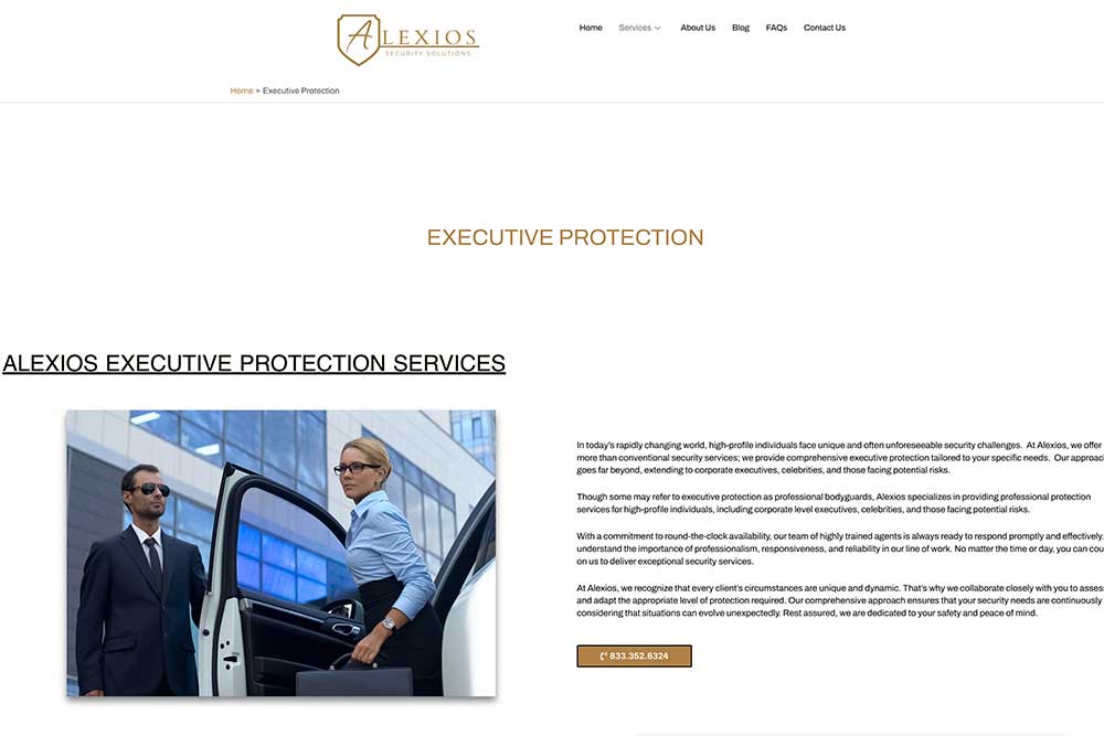 A woman exits a white car, greeted by a suited bodyguard in sunglasses. Crown Marketing offers digital marketing services to enhance online visibility for businesses like Alexios Security Solutions.| Crown Marketing Digital Marketing Agency Las Vegas