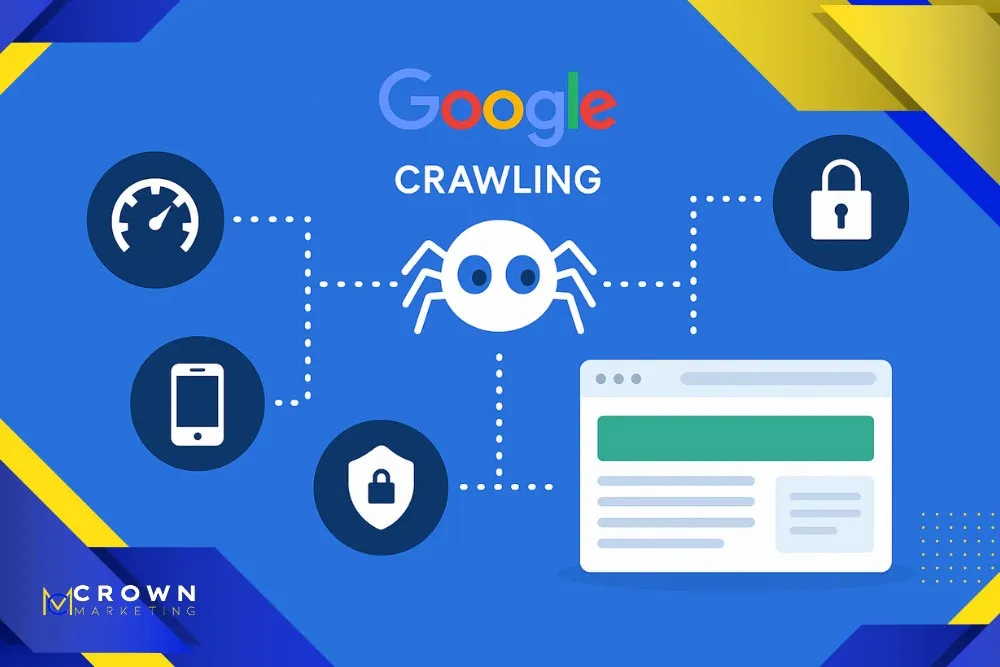 A blue graphic shows a web spider with icons representing speed, security, and mobile, highlighting Crown Marketing's SEO Las Vegas expertise.| Crown Marketing Digital Marketing Agency Las Vegas