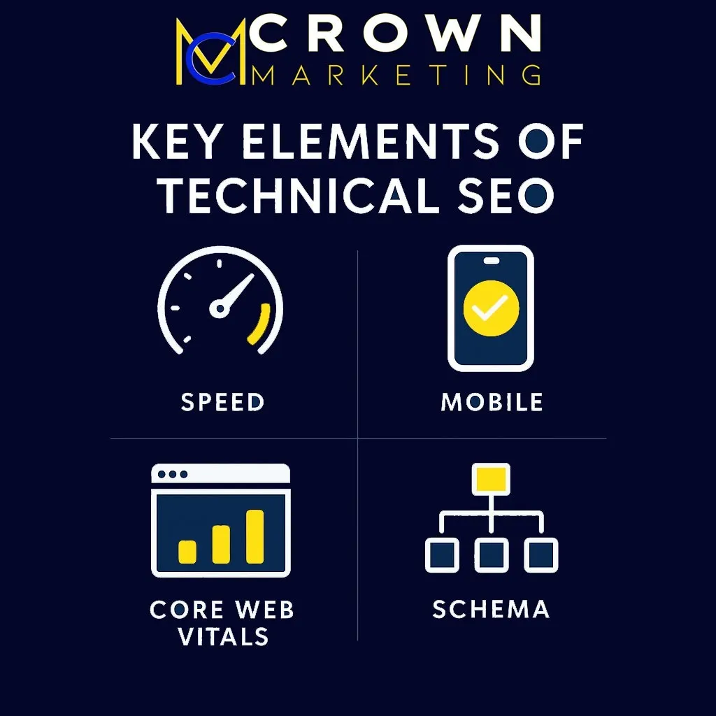 Crown Marketing image showing four SEO elements: speed, mobile, core web vitals, schema, ideal for digital marketing services.| Crown Marketing Digital Marketing Agency Las Vegas