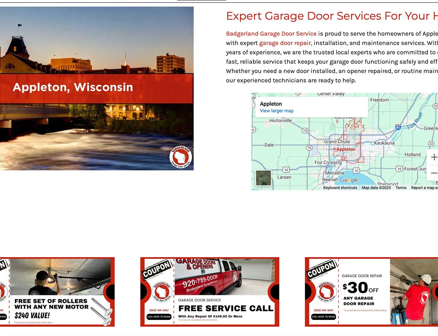 A website showing Appleton, Wisconsin's river at sunset with a map, overlayed text, and coupons for garage door services, highlighting Crown Marketing's digital marketing services.| Crown Marketing Digital Marketing Agency Las Vegas