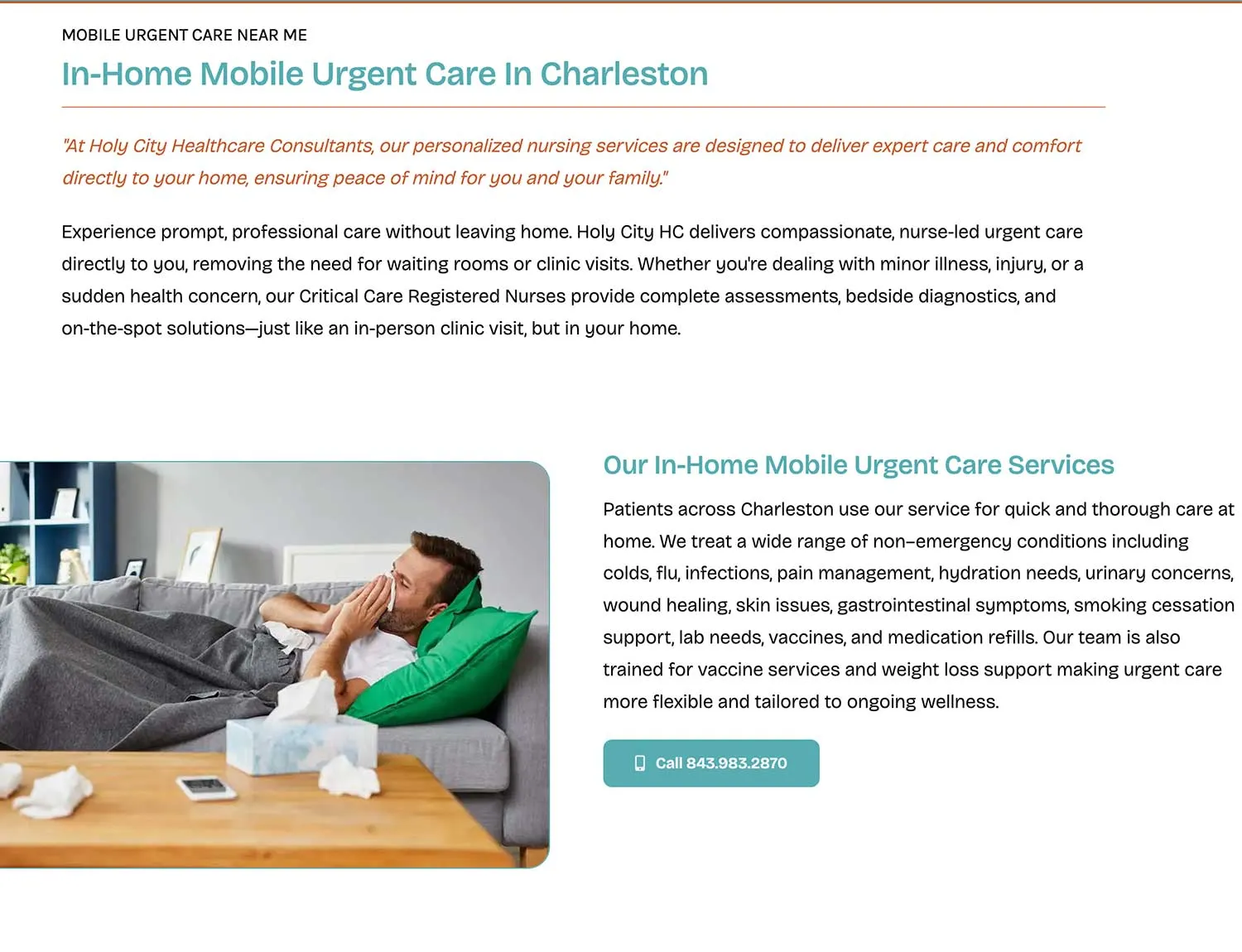 A man lies on a couch under a blanket with tissues nearby, suggesting illness. Text discusses in-home urgent care, ideal for Crown Marketing's digital marketing services in Las Vegas.| Crown Marketing Digital Marketing Agency Las Vegas
