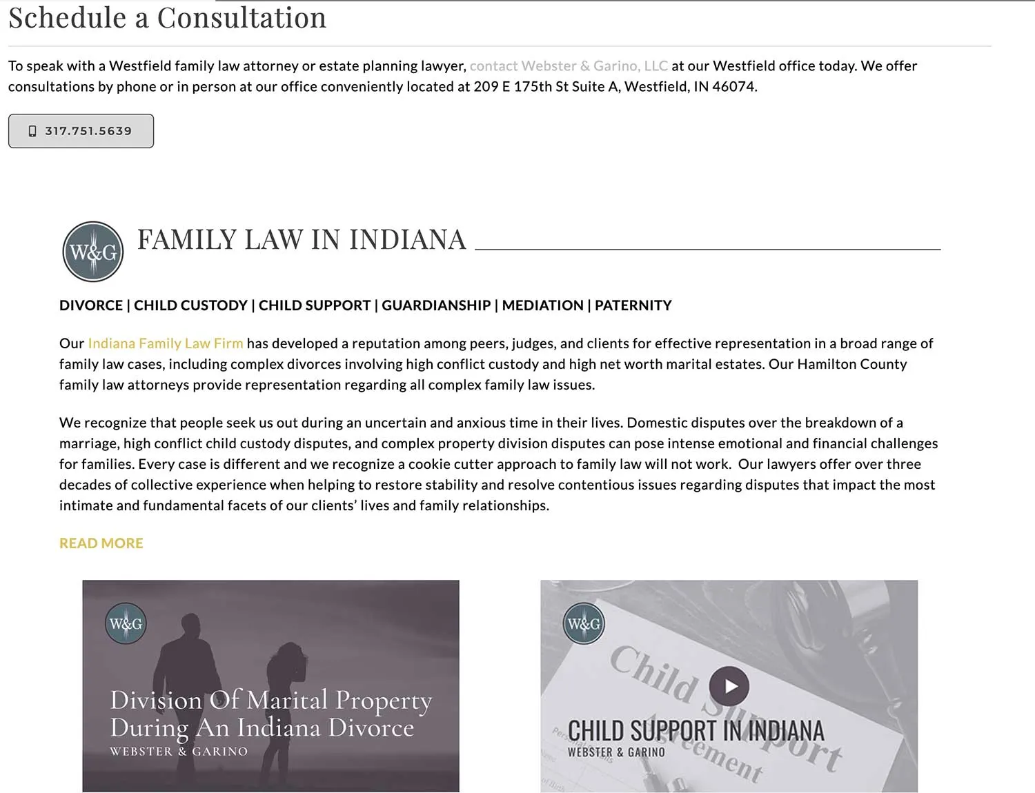 A webpage offering family law services with contact info and images about child support and property division, similar to Crown Marketing's digital marketing services in Las Vegas.| Crown Marketing Digital Marketing Agency Las Vegas