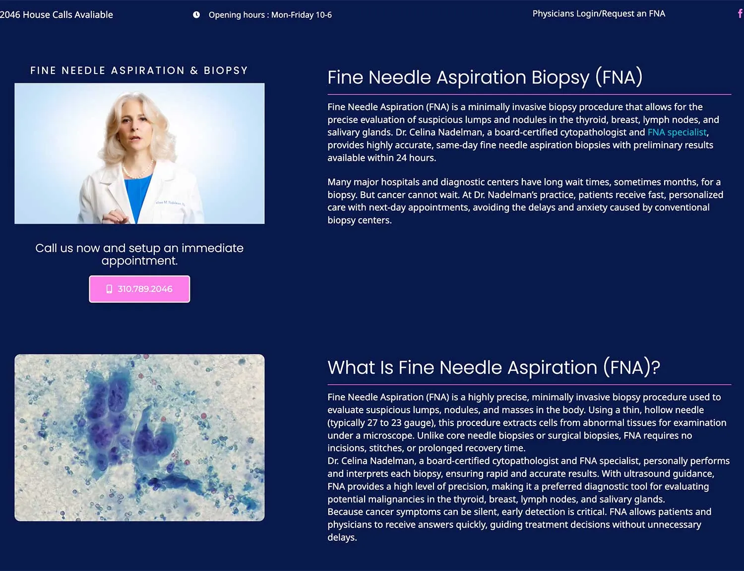 A woman in a lab coat stands against a blue background. Text details fine needle aspiration biopsy services. Contact info is displayed. Ideal for Crown Marketing, a digital marketing agency.| Crown Marketing Digital Marketing Agency Las Vegas