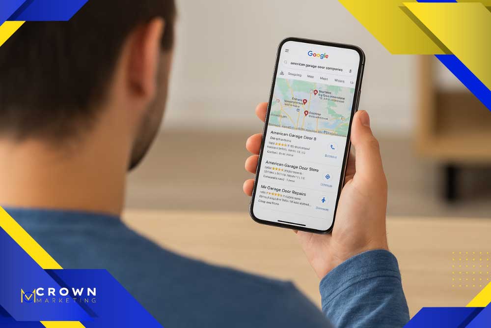 A person holds a smartphone displaying a Google search for garage door companies, showcasing local SEO by Crown Marketing.| Crown Marketing Digital Marketing Agency Las Vegas