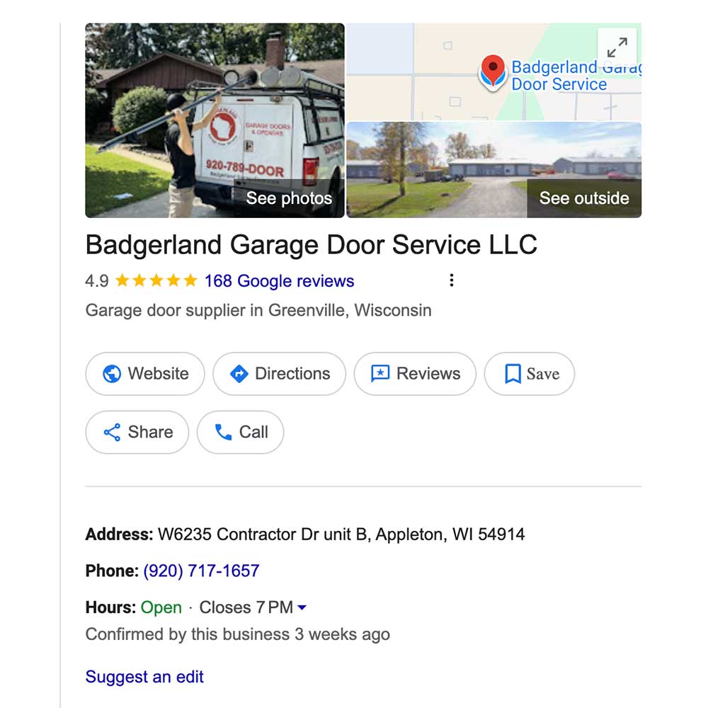 A man loads a garage door onto a van labeled "920-789-DOOR" in front of a house, illustrating local SEO strategies by Crown Marketing to boost visibility for small businesses.| Crown Marketing Digital Marketing Agency Las Vegas