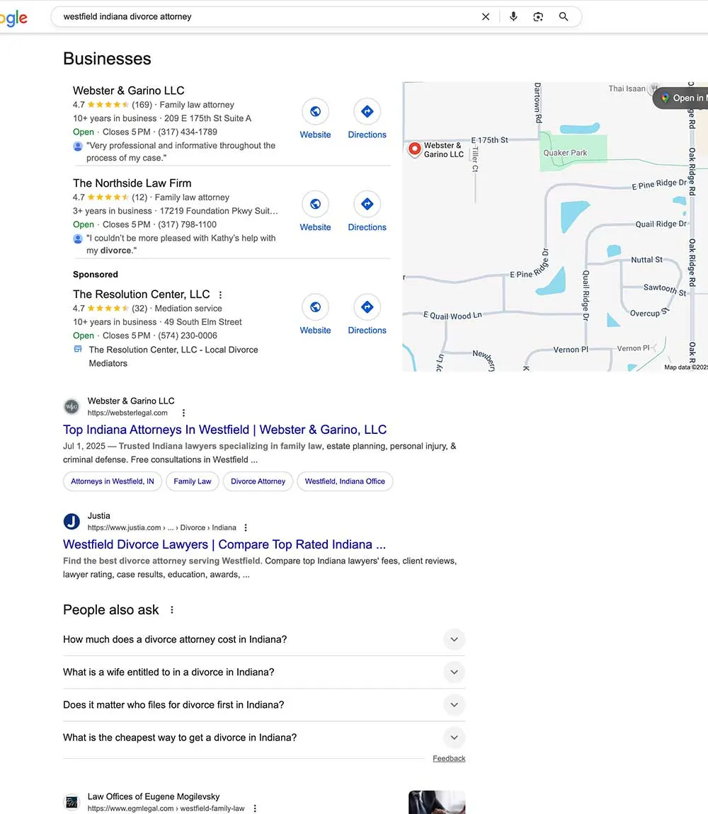 A Google search result page shows Indiana divorce attorneys with a map. Perfect for Crown Marketing's local SEO and Map Pack SEO strategies.| Crown Marketing Digital Marketing Agency Las Vegas