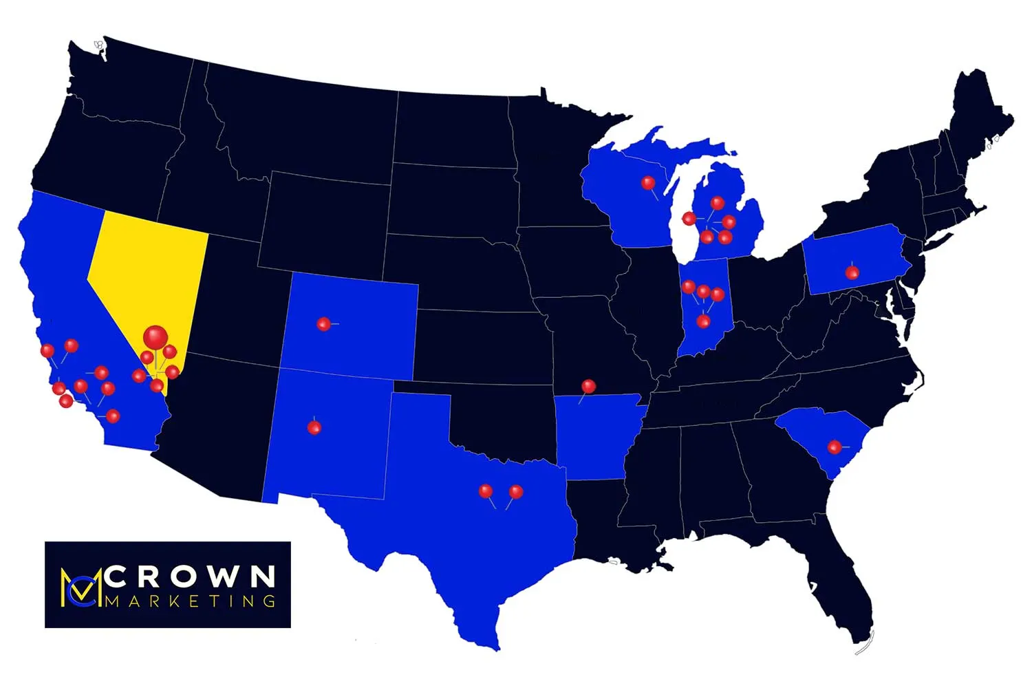A U.S. map with states highlighted in blue and yellow, marked with red pins representing Crown Marketing's digital marketing services locations.| Crown Marketing Digital Marketing Agency Las Vegas