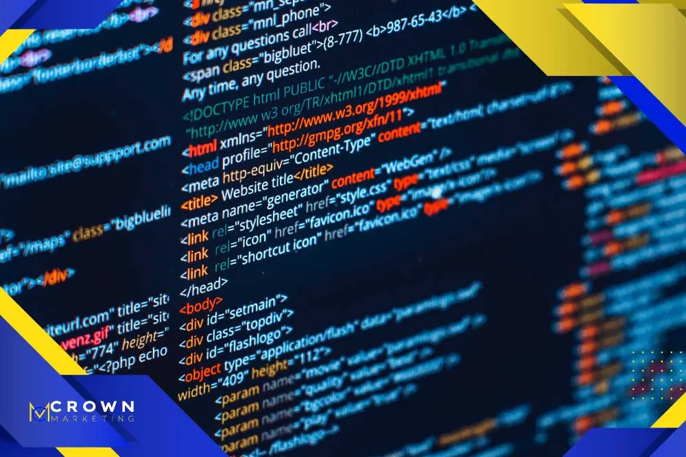 Colorful HTML code on a screen, representing website design services. Crown Marketing's logo is visible, highlighting their expertise in WordPress web design and digital marketing services.| Crown Marketing Digital Marketing Agency Las Vegas