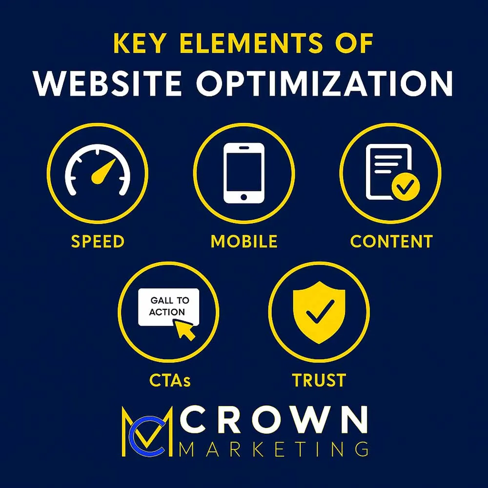 Infographic by Crown Marketing showing key website optimization elements: speed, mobile, content, CTAs, and trust, highlighting their digital marketing services.| Crown Marketing Digital Marketing Agency Las Vegas