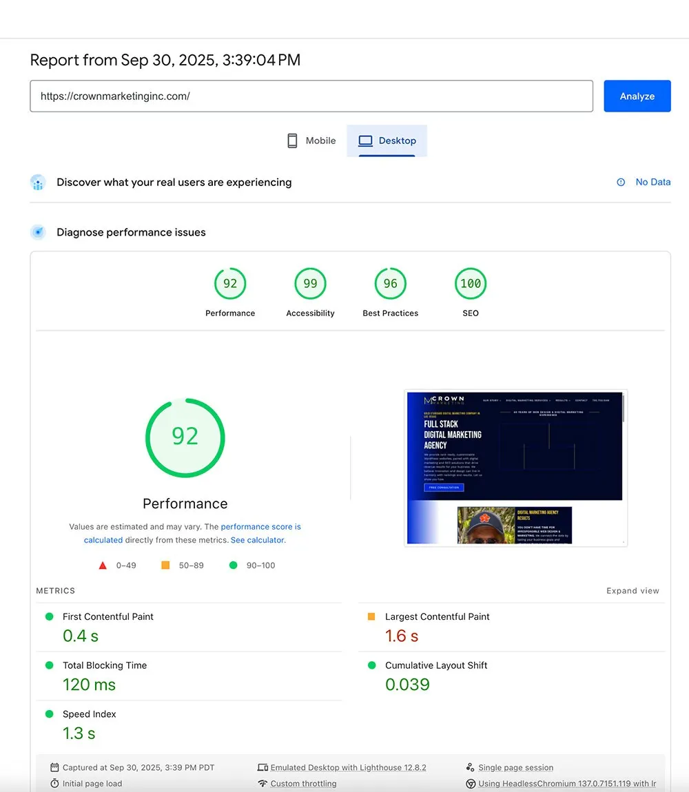 Website performance report for Crown Marketing shows high scores in performance, accessibility, and SEO, reflecting the digital marketing agency's efficiency and expertise in Las Vegas marketing.| Crown Marketing Digital Marketing Agency Las Vegas