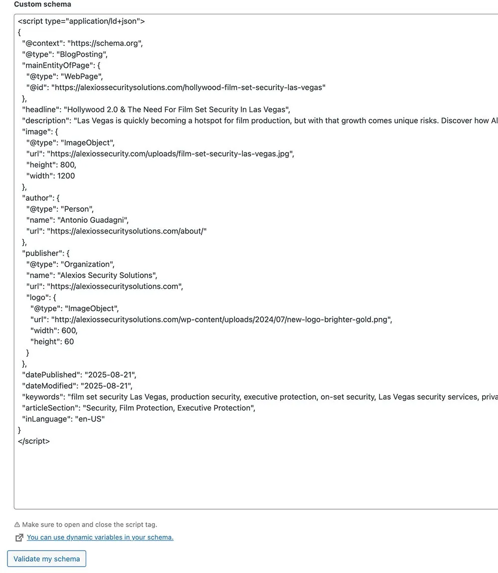 A JSON script displays information about film set security in Las Vegas, related to Alexios Security Solutions with logo details.…| Crown Marketing Digital Marketing Agency Las Vegas