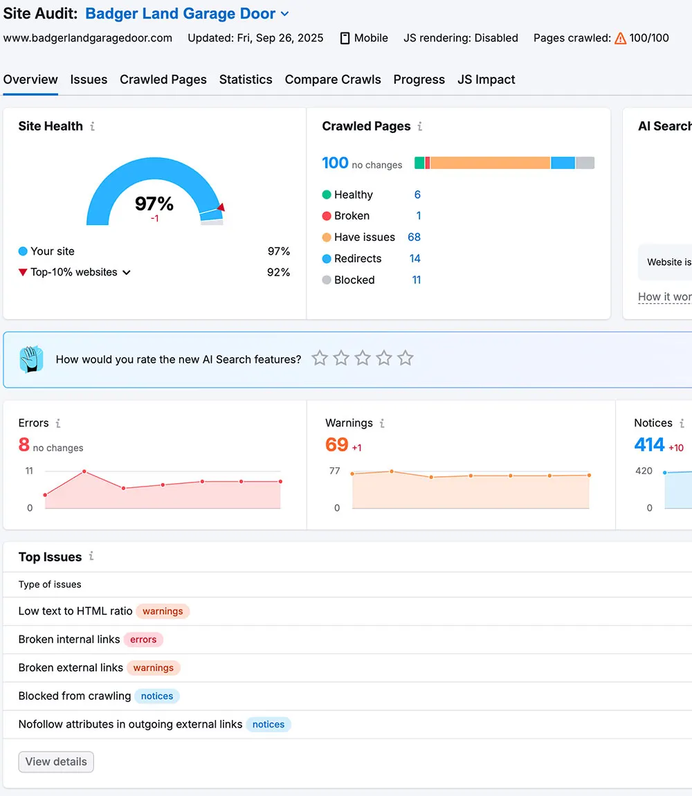 Site audit dashboard showing 97% site health, with various issues listed, ideal for Crown Marketing's SEO Las Vegas services to enhance website performance and fix errors.| Crown Marketing Digital Marketing Agency Las Vegas