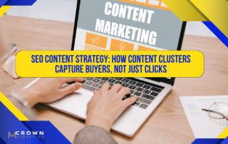 Laptop showing content marketing as a person types, representing Crown Marketing’s digital marketing approach to SEO content clusters.