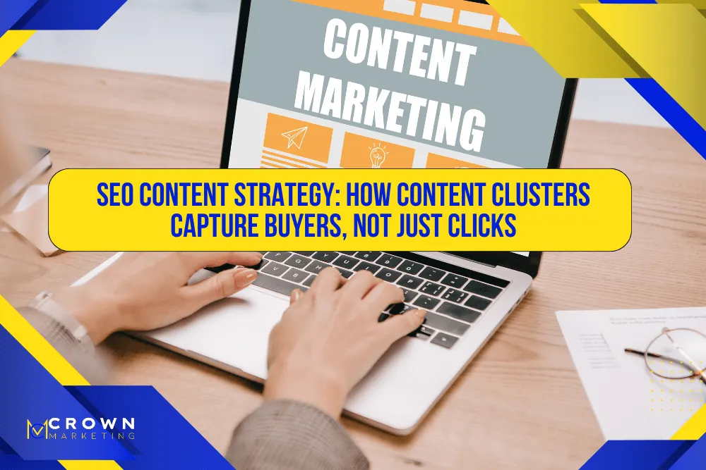 Laptop showing content marketing as a person types, representing Crown Marketing’s digital marketing approach to SEO content clusters.