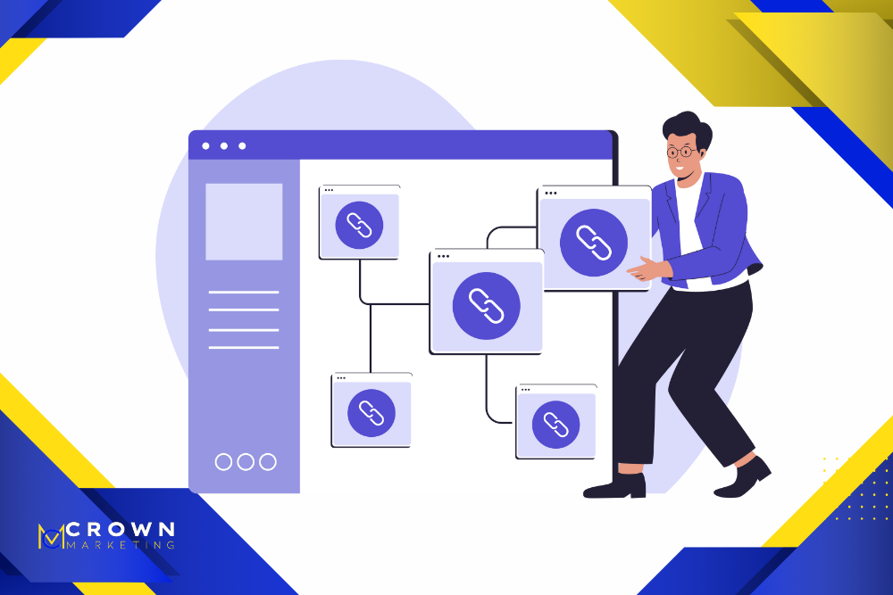 Illustration of linked pages showing how Crown Marketing, a digital marketing company, builds connected SEO content clusters.