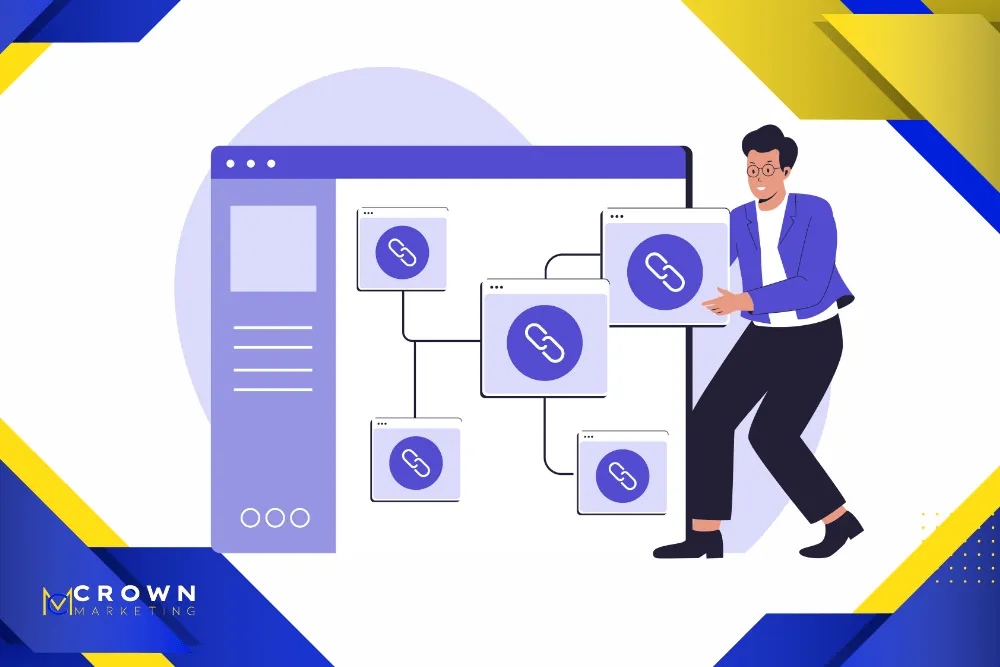 Illustration of linked pages showing how Crown Marketing, a digital marketing company, builds connected SEO content clusters.