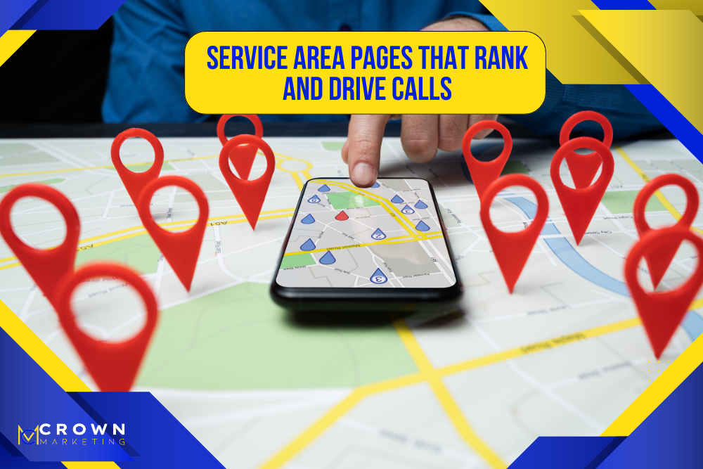 Map pins around a phone showing how Crown Marketing, a digital marketing company, builds service area SEO pages that drive calls.