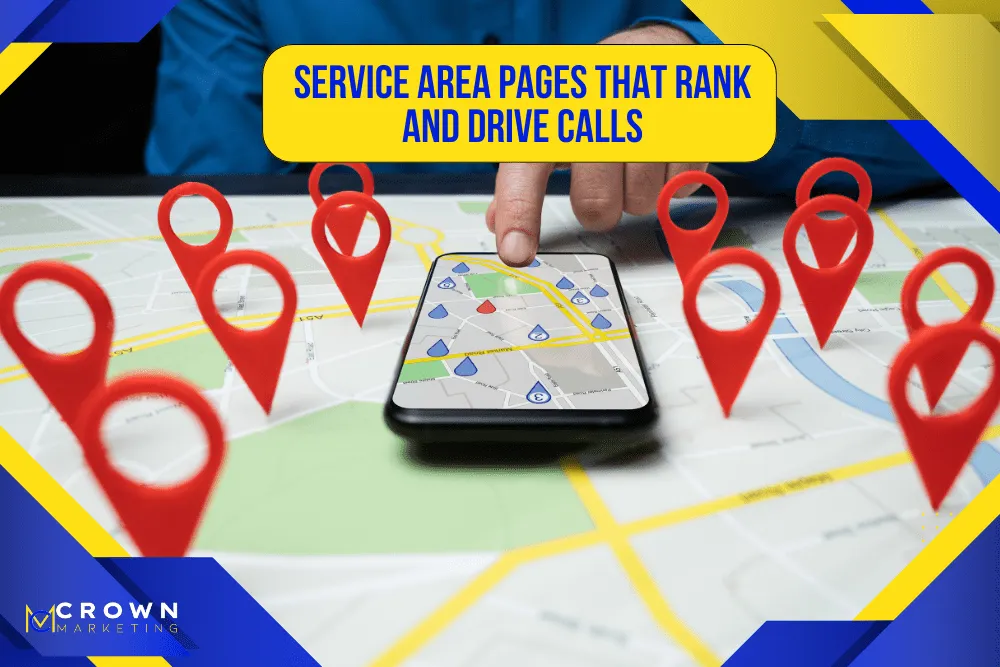 Map pins around a phone showing how Crown Marketing, a digital marketing company, builds service area SEO pages that drive calls.