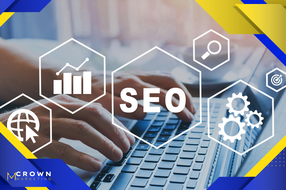 Hands on a keyboard with SEO icons, representing Crown Marketing’s digital marketing work to improve service area rankings.