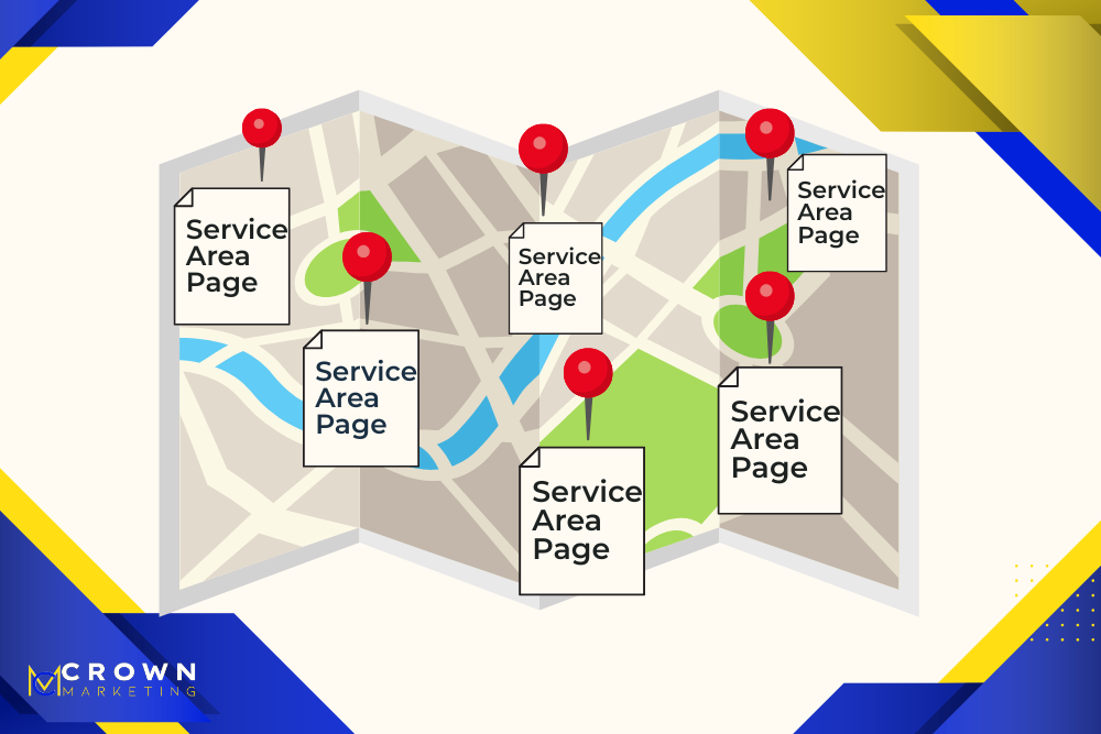 Illustration of service area pages pinned on a map, showing how Crown Marketing strengthens local SEO for businesses.