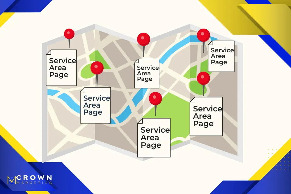 Illustration of service area pages pinned on a map, showing how Crown Marketing strengthens local SEO for businesses.