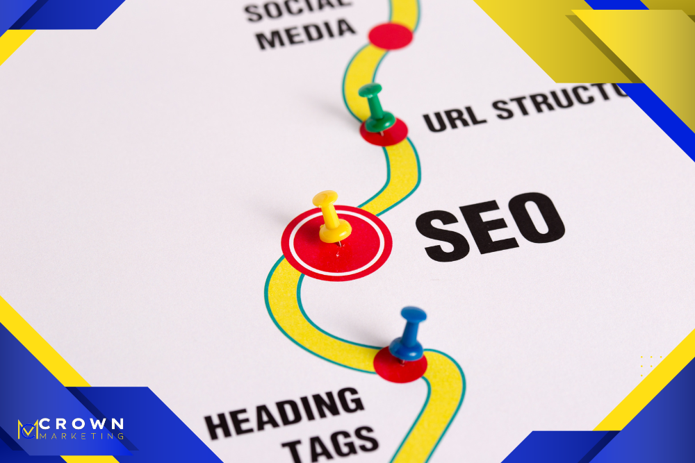 SEO roadmap graphic with colorful pins, highlighting Crown Marketing’s digital marketing approach to service area SEO.