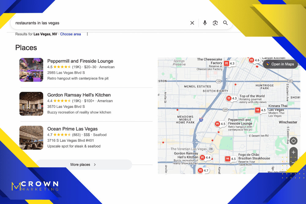 Local search map pack results enhanced by schema markup from Crown Marketing, a digital marketing company