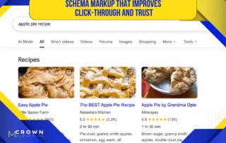 Google recipe rich results showing schema markup benefits explained by Crown Marketing, a digital marketing company