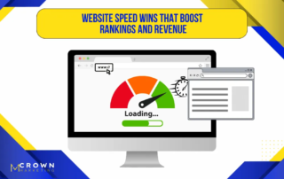 Website speed optimization graphic showing faster load times and ranking gains by Crown Marketing digital marketing company