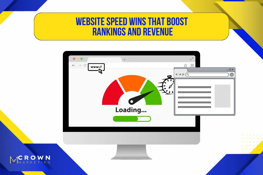 Website speed optimization graphic showing faster load times and ranking gains by Crown Marketing digital marketing company