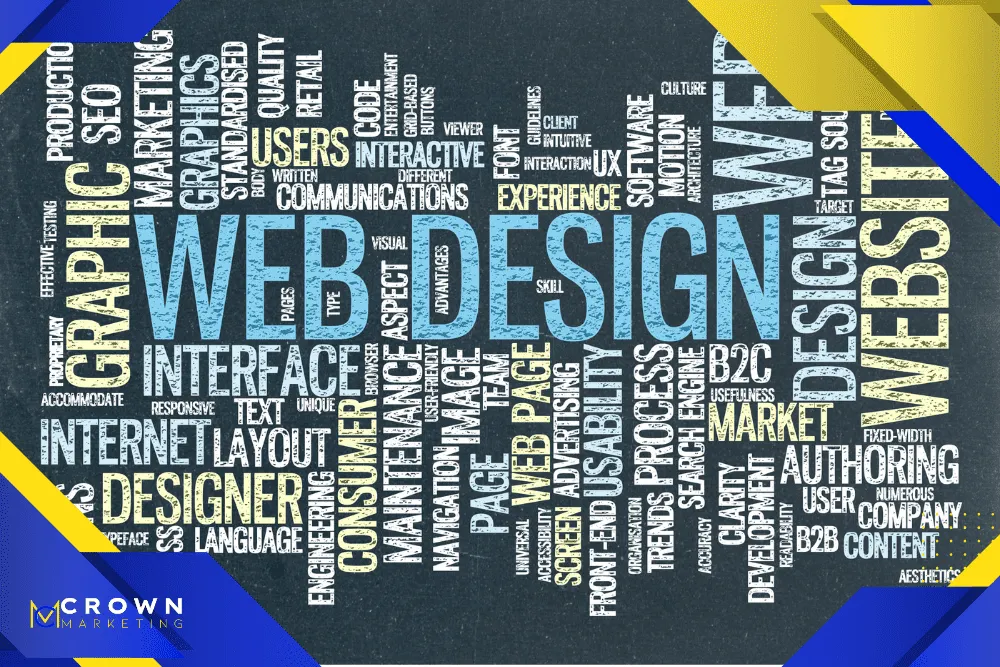 A word cloud with terms like "Web Design," "SEO," and "Graphics" in blue and yellow hues, representing digital marketing services by Crown Marketing.| Crown Marketing Digital Marketing Agency Las Vegas