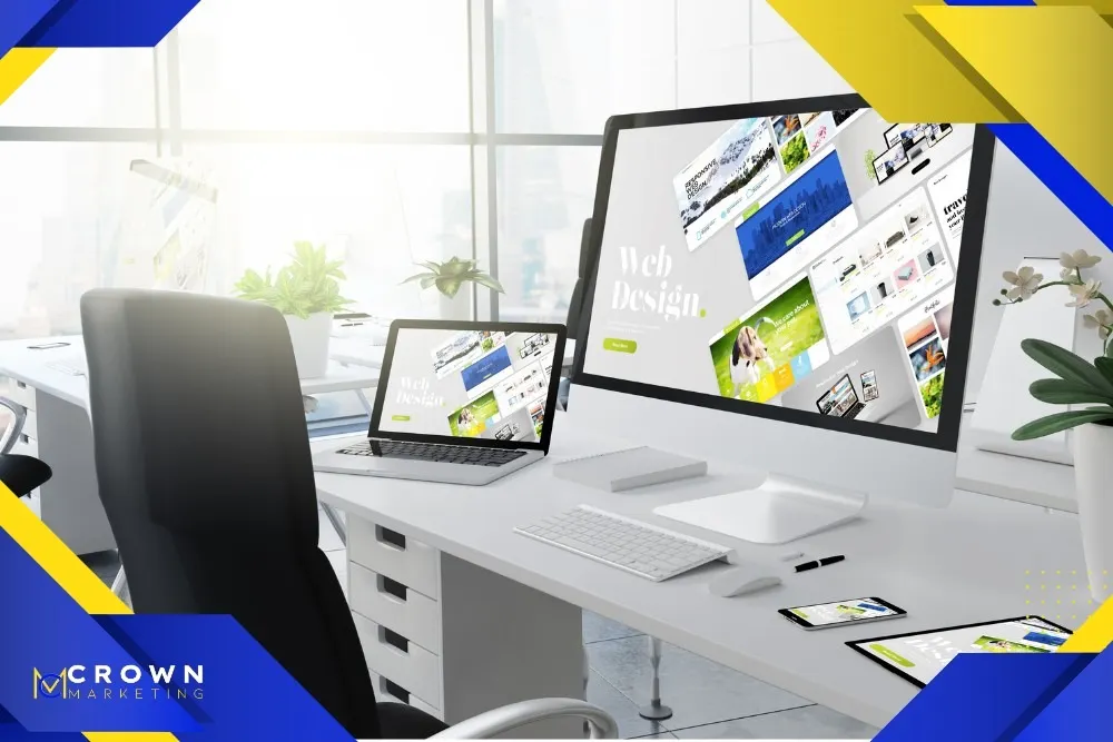 Modern office with computers displaying website design services, showcasing Crown Marketing's expertise in digital marketing services and WordPress web design.| Crown Marketing Digital Marketing Agency Las Vegas