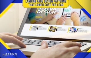 Laptop displaying website design services by Crown Marketing, with hands sketching on paper, highlighting digital marketing services expertise.| Crown Marketing Digital Marketing Agency Las Vegas